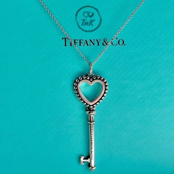 Tiffany & Co Large 2" Teal Blue Enamel Heart Beaded Trefoil Key Charm Pendant Ne - Picture 1 of 16